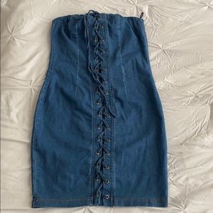 Denim laced strapless dress